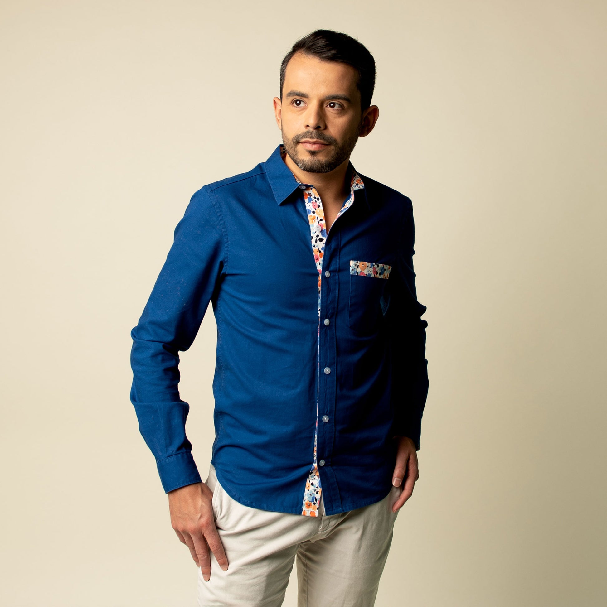 Primavera Real – Royal Blue Floral Long-Sleeve Men’s Shirt | Made to Order | Handmade in Canada