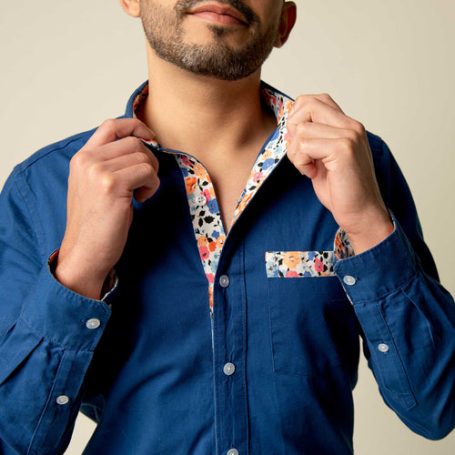 Primavera Real – Royal Blue Floral Long-Sleeve Men’s Shirt | Made to Order | Handmade in Canada
